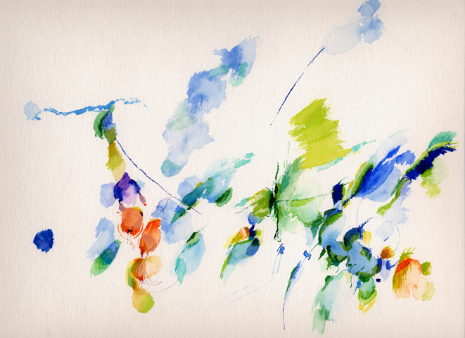 Blumen - Kirsten K&ouml;tter: 59° N / 19° O - 60° N / 20° O (NordNordOst), Kappelsk&auml;r - Alandinseln, Finnland, 20.06.2003, tags&uuml;ber, Aquarell, 30 &times; 40 cm, Text (02/36)