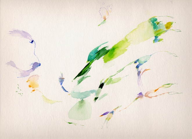 Kirsten K&ouml;tter, Painting Site-specific: 60° N / 20° O (Serie: NordNordOst), Alandinseln, Bootssteg, Finnland, 20.06.2003, abends, Aquarell, 30 &times; 40 cm, Foto, Text (03/36)