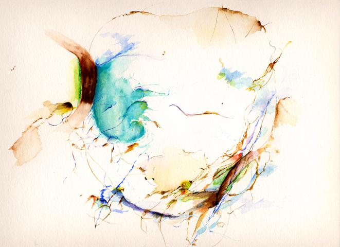 Kirsten K&ouml;tter, Painting Site-specific: 69° N / 27° O (Serie: NordNordOst), Kevoj&auml;rvi, Finnland, 25.06.2003, tags&uuml;ber, Aquarell, 30 &times; 40 cm, Text (09/36)