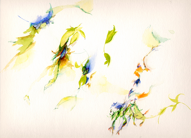 Fichten und Wasser - Kirsten K&ouml;tter, Painting Site-specific: 69° N / 27° O (Serie: NordNordOst), Kevoj&auml;rvi, Finnland, 27.06.2003, 21.00 - 23.00, Aquarell, 30 &times; 40 cm, Foto, Text (13/36)