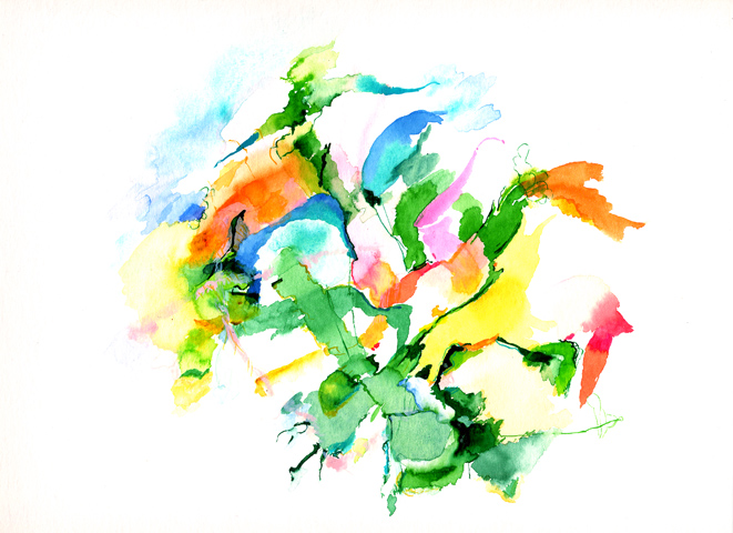 Site-specific painting von Kirsten K&ouml;tter: Garten im Taunus - Warmes Abendlicht f&auml;llt durch die Bl&auml;tter der hohen B&auml;ume und Zweige der hohen Fichten, Sp&auml;tsommer 2003, Aquarell, 30 &times; 40 cm