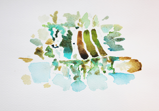 Wasser, B&auml;ume (Detail, Ausschnitt), Site-specific Painting, 05.01.2014, 9.00, Elbterrassen und F&auml;hre bei Coswig, 51.877215° N / 12.451718° O, Aquarell, 17 x 24 cm