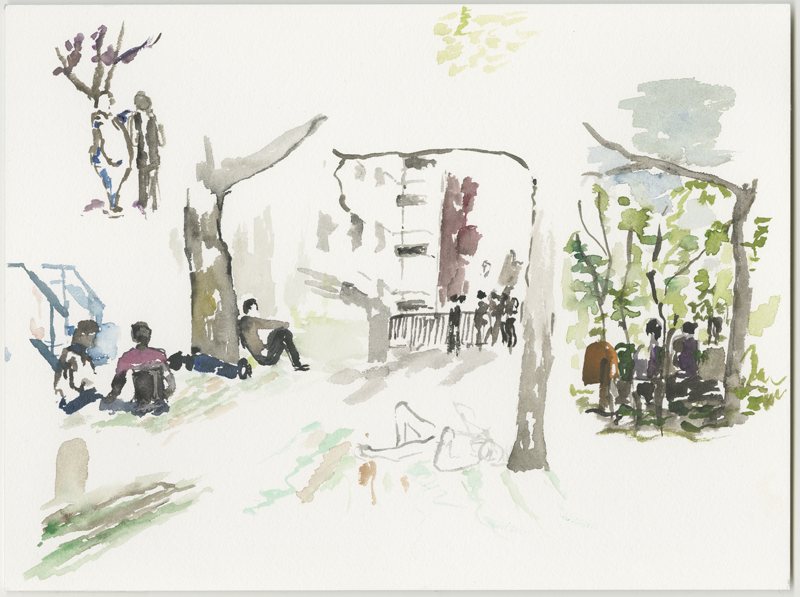 2016-04-13_52-52725_13-34790_lageso_skizze2, refugees waiting, talking and sleeping in the sun at noon in front of the LAGeSo, sketch, 24 &times; 32 cm (Kirsten Kötter)