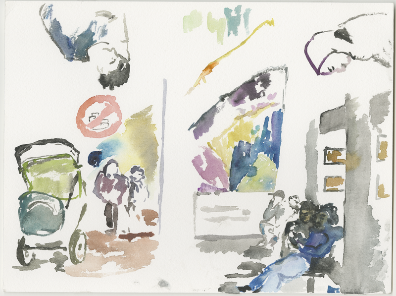 2016-04-14_52-52725_13-34790_lageso_skizze1, refugees in the waiting room and in the exhibiton room, sketch, 24 &times; 32 cm (Kirsten Kötter)