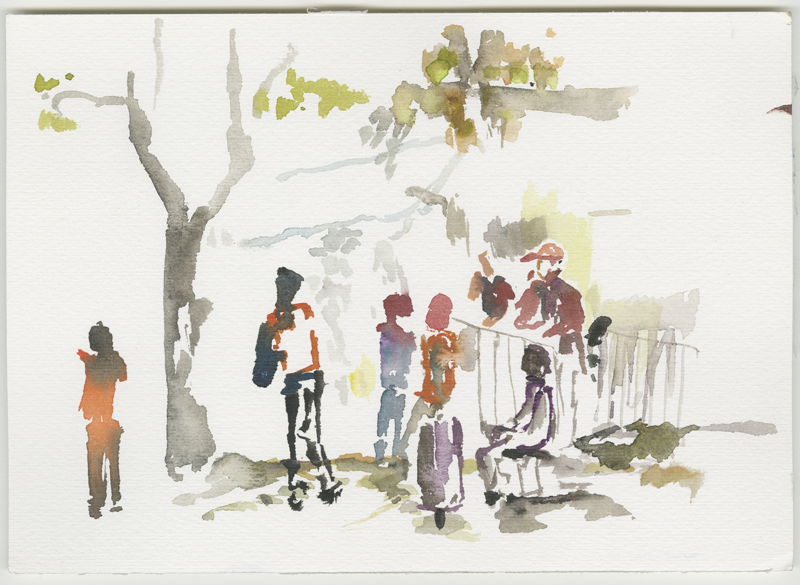 2016-04-21_52-52725_13-34790_lageso_skizze3, refugees and security staff in front of the tents, sketch, 17 &times; 24 cm (Kirsten Kötter)