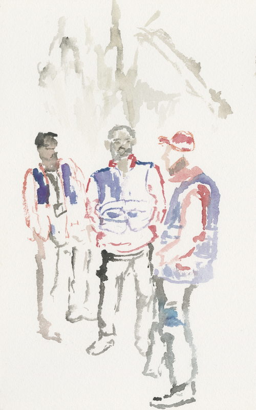2016-05-02_52-52725_13-34790_lageso_skizze1, security staff in front of the entrance to the LAGeSo, sketch, 24 &times; 32 cm (Kirsten Kötter)