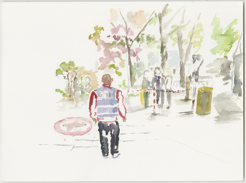 2016-05-02_52-52725_13-34790_lageso_skizze2, security staff in front of the entrance to the LAGeSo, sketch, 24 &times; 32 cm (Kirsten Kötter)