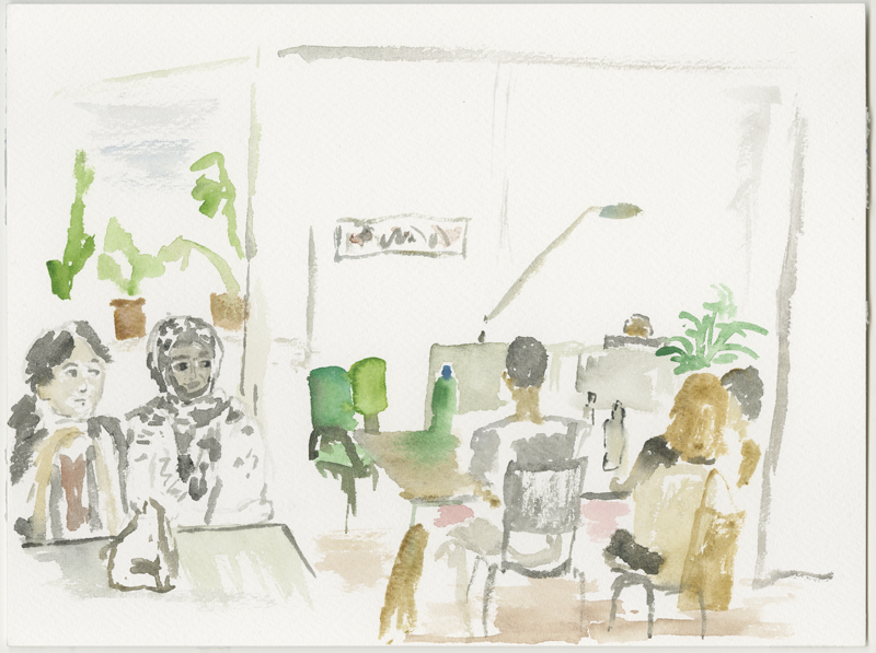 2016-07-22_52-52725_13-34790_lageso-dolmetscher_skizze, Interpreters in their room, waiting for an interview, sketch, 24 &times; 32 cm (Kirsten Kötter)