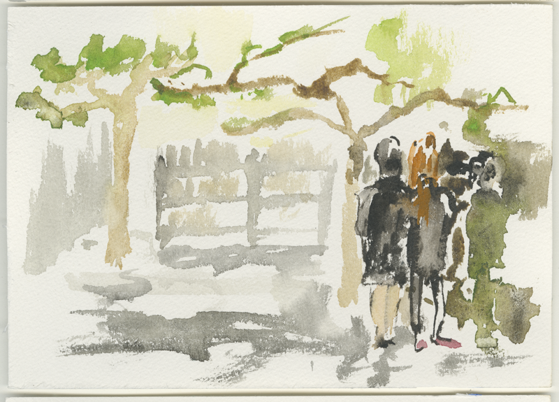 2017-04-06_37-98017_23-74856_litho,
  documenta Athens. The Gennadius Library was founded in the 1920s as a result of a private donation. The Ankara-born artist Banu Cennetoğlu presents her installation of 145 limestone printing blocks in the garden of the library. The texts represents the diary of Gurbetelli Ersöz, a journalist who supported the human rights of the Kurdish people. After an imprisonment she joined the armed struggle and died in 1997. The diary tells the last two years of her life. The place and the work of art are very beautiful. But the work of art tells a terrible story. Is it good to transform it in this beautyness or not? Sketch, 12 × 17 cm (Kirsten Kötter)