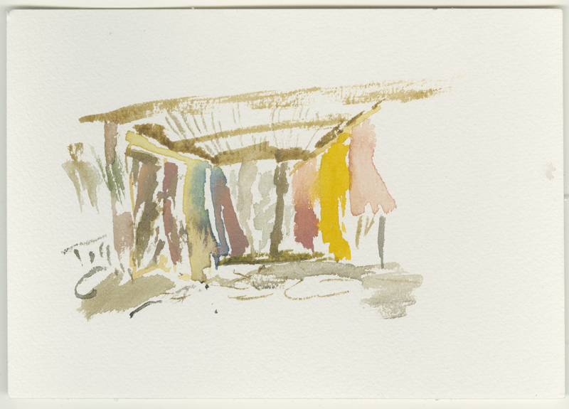 2017-04-09_37-97034_23-72022_v-suter,
  documenta Athens. Vivian Suter's painted panels of fabric are hanging beside the pavilion near the Church of Saint Dimitrios Loubardis. The paintings were made in the crater of a volcano on the island of Nisyros. Some of them still include traces of their point of origin like ashes and grime. Sketch, 12 × 17 cm (Kirsten Kötter)