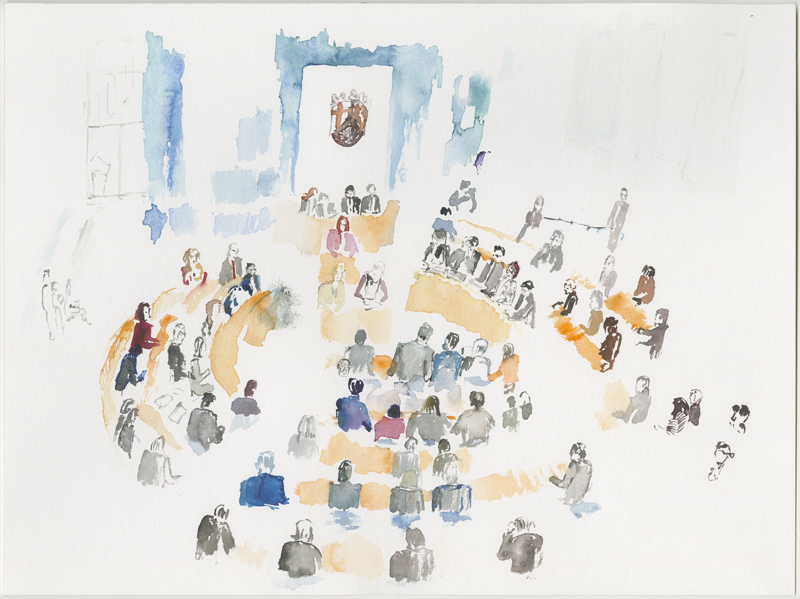2019-02-21_plenarsitzung_skizze, plenary session Landtag (German state parliament) Rheinland-Pfalz, Mainz, 
  watercolour, 30 × 40 cm (Kirsten Kötter)