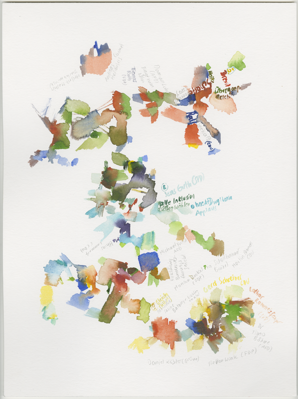 2019-03-27_landtag-plenar_tagesordnung-5-8-9, 
  plenary session Landtag (German state parliament) Rheinland-Pfalz, Mainz, 
  watercolour, 30 × 40 cm (Kirsten Kötter)