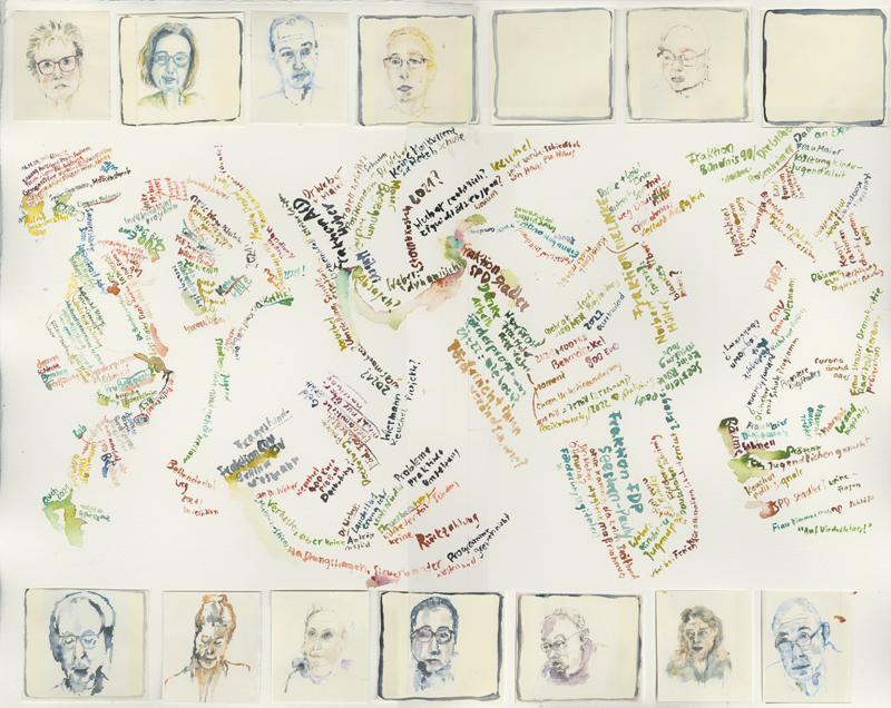 2020-11-16_familienausschuss-bildungs-jugendstaetten, German Bundestag, Committee on Family, Senior Citizens, Women and Youth, 
  watercolour, 50 × 65 cm (Kirsten Kötter)